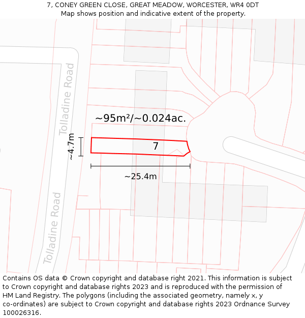 7, CONEY GREEN CLOSE, GREAT MEADOW, WORCESTER, WR4 0DT: Plot and title map