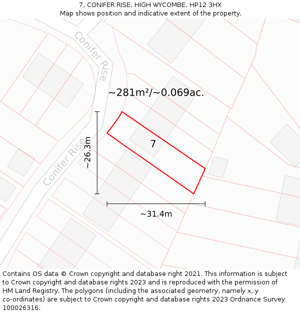 7, CONIFER RISE, HIGH WYCOMBE, HP12 3HX: Plot and title map