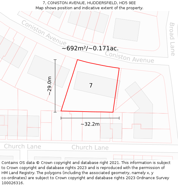 7, CONISTON AVENUE, HUDDERSFIELD, HD5 9EE: Plot and title map