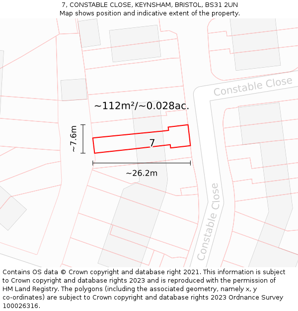 7, CONSTABLE CLOSE, KEYNSHAM, BRISTOL, BS31 2UN: Plot and title map