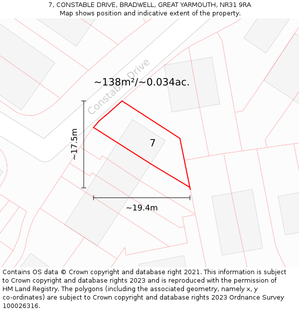 7, CONSTABLE DRIVE, BRADWELL, GREAT YARMOUTH, NR31 9RA: Plot and title map