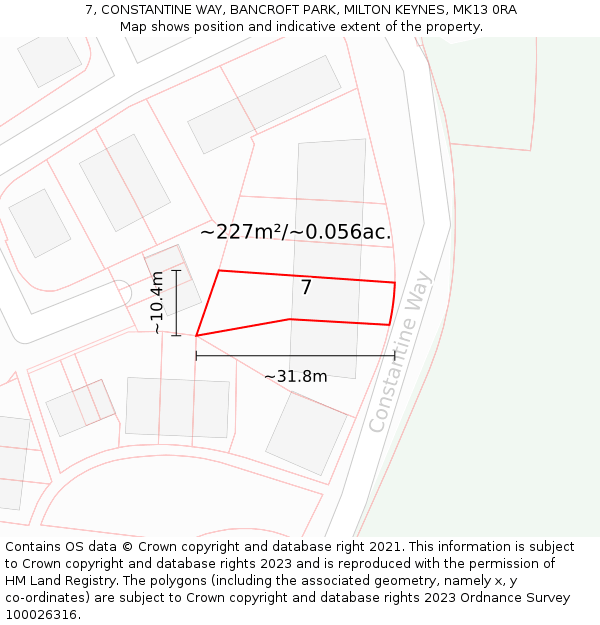 7, CONSTANTINE WAY, BANCROFT PARK, MILTON KEYNES, MK13 0RA: Plot and title map