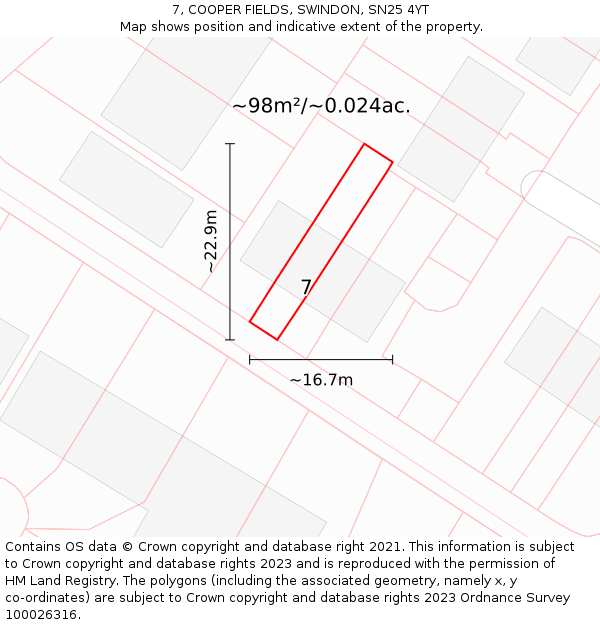 7, COOPER FIELDS, SWINDON, SN25 4YT: Plot and title map