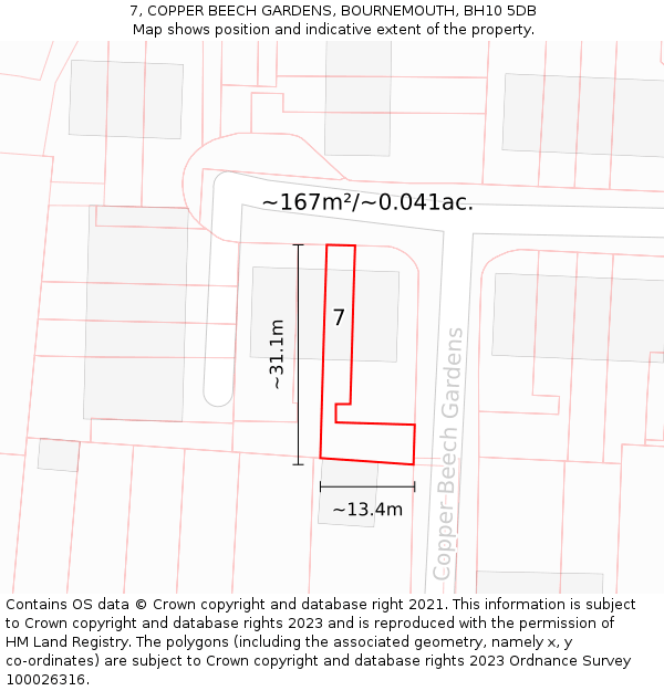 7, COPPER BEECH GARDENS, BOURNEMOUTH, BH10 5DB: Plot and title map