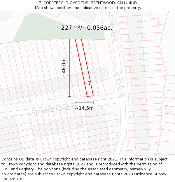 7, COPPERFIELD GARDENS, BRENTWOOD, CM14 4UB: Plot and title map