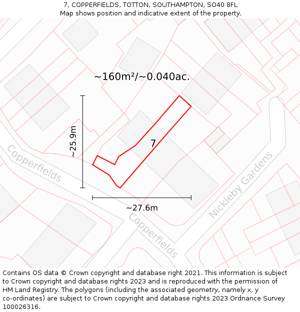 7, COPPERFIELDS, TOTTON, SOUTHAMPTON, SO40 8FL: Plot and title map