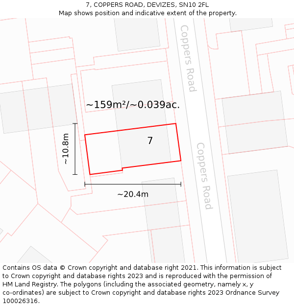7, COPPERS ROAD, DEVIZES, SN10 2FL: Plot and title map
