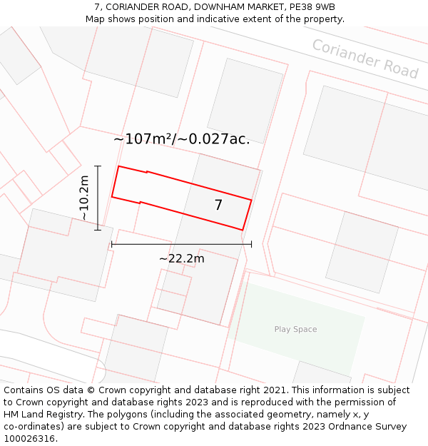 7, CORIANDER ROAD, DOWNHAM MARKET, PE38 9WB: Plot and title map