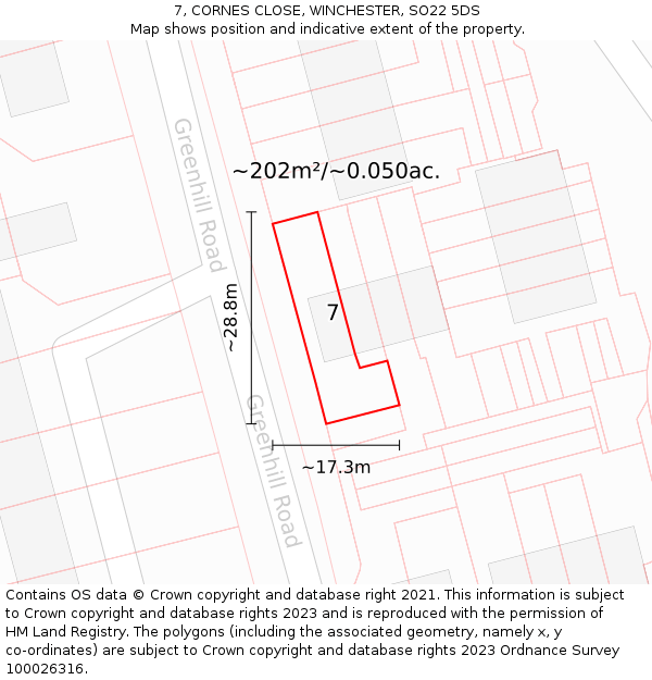 7, CORNES CLOSE, WINCHESTER, SO22 5DS: Plot and title map