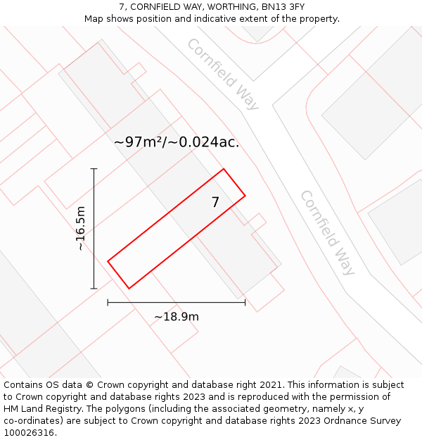 7, CORNFIELD WAY, WORTHING, BN13 3FY: Plot and title map