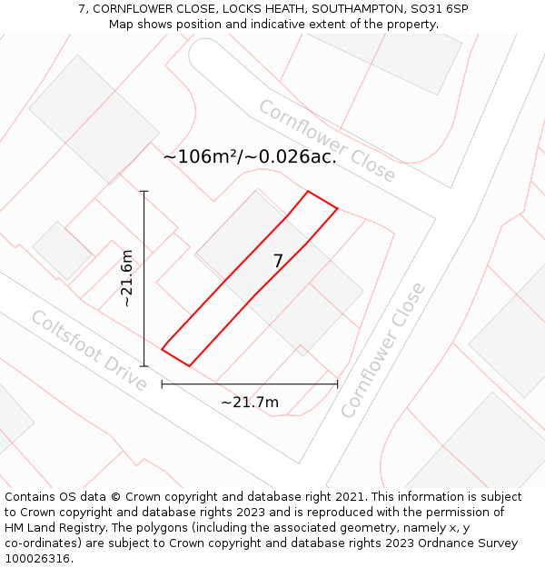 7, CORNFLOWER CLOSE, LOCKS HEATH, SOUTHAMPTON, SO31 6SP: Plot and title map
