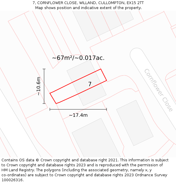 7, CORNFLOWER CLOSE, WILLAND, CULLOMPTON, EX15 2TT: Plot and title map