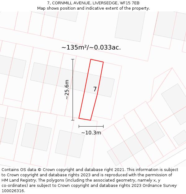 7, CORNMILL AVENUE, LIVERSEDGE, WF15 7EB: Plot and title map