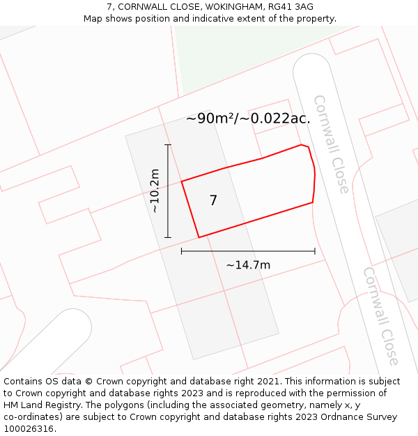 7, CORNWALL CLOSE, WOKINGHAM, RG41 3AG: Plot and title map