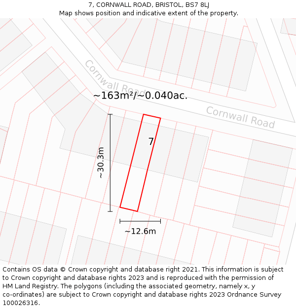 7, CORNWALL ROAD, BRISTOL, BS7 8LJ: Plot and title map