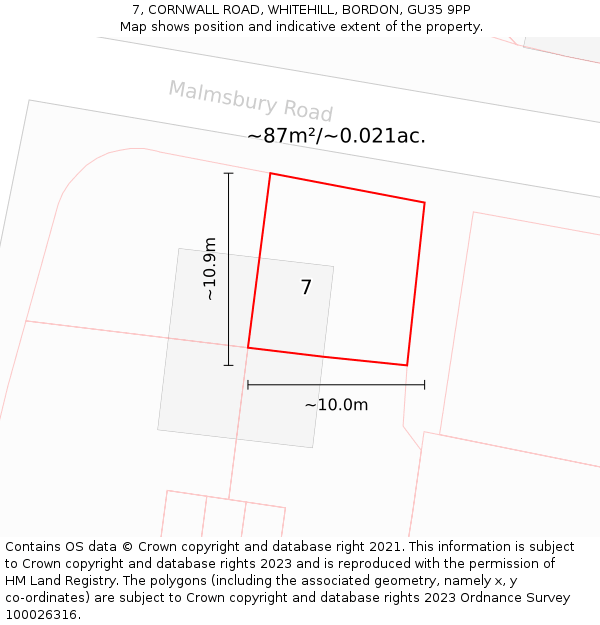 7, CORNWALL ROAD, WHITEHILL, BORDON, GU35 9PP: Plot and title map