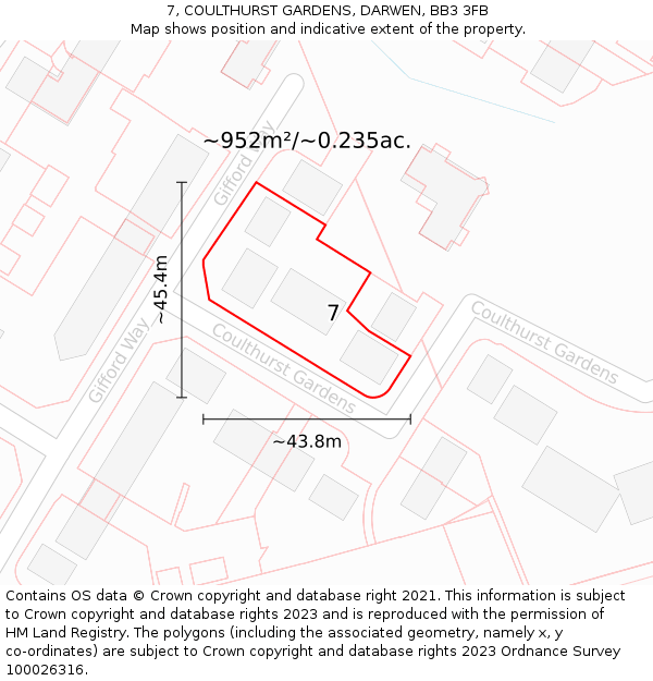 7, COULTHURST GARDENS, DARWEN, BB3 3FB: Plot and title map
