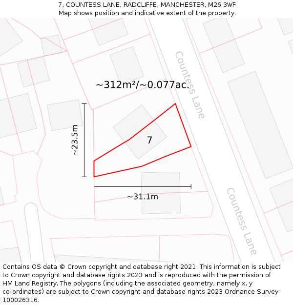 7, COUNTESS LANE, RADCLIFFE, MANCHESTER, M26 3WF: Plot and title map