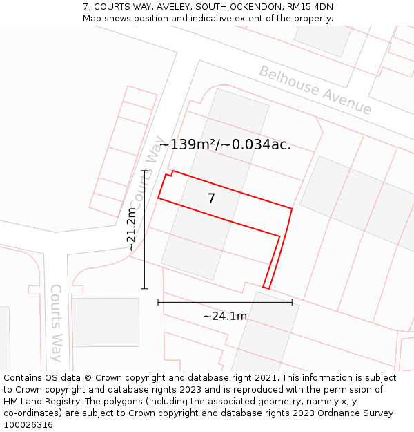 7, COURTS WAY, AVELEY, SOUTH OCKENDON, RM15 4DN: Plot and title map