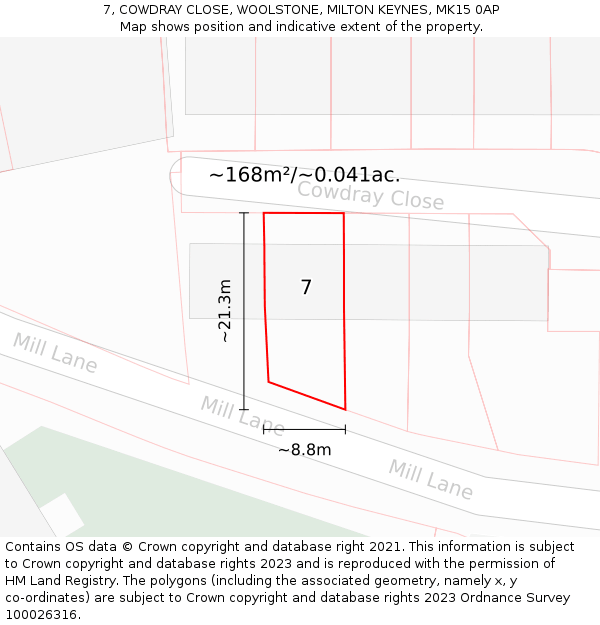 7, COWDRAY CLOSE, WOOLSTONE, MILTON KEYNES, MK15 0AP: Plot and title map