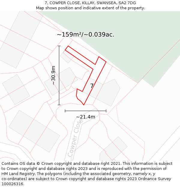 7, COWPER CLOSE, KILLAY, SWANSEA, SA2 7DG: Plot and title map