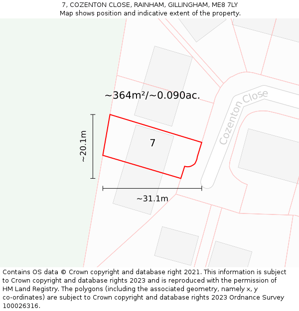 7, COZENTON CLOSE, RAINHAM, GILLINGHAM, ME8 7LY: Plot and title map