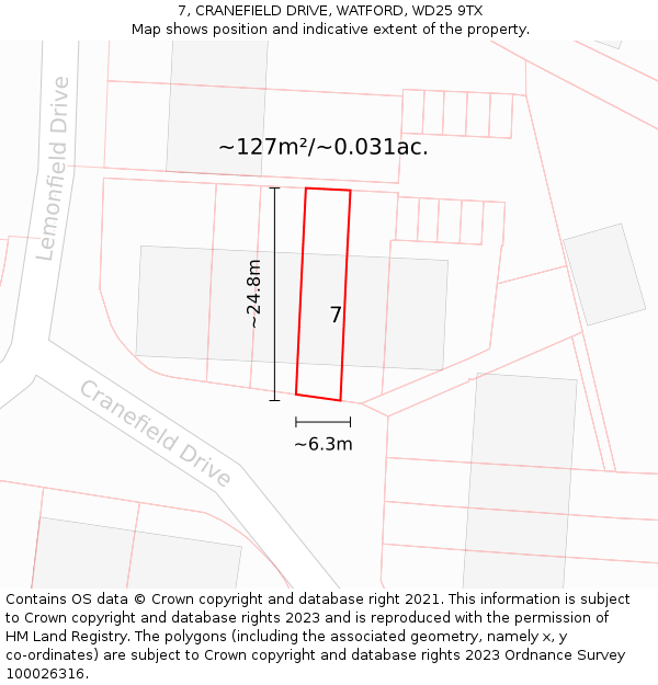 7, CRANEFIELD DRIVE, WATFORD, WD25 9TX: Plot and title map