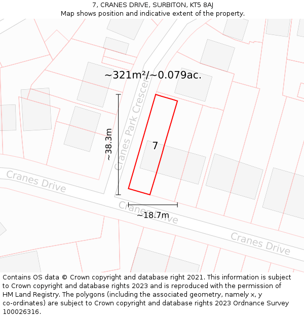 7, CRANES DRIVE, SURBITON, KT5 8AJ: Plot and title map
