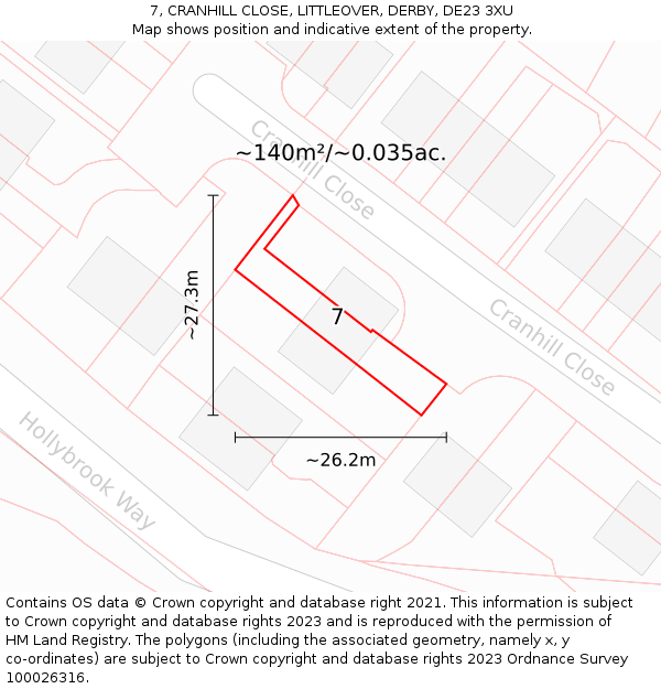 7, CRANHILL CLOSE, LITTLEOVER, DERBY, DE23 3XU: Plot and title map