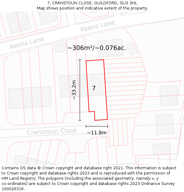 7, CRANSTOUN CLOSE, GUILDFORD, GU3 3HL: Plot and title map