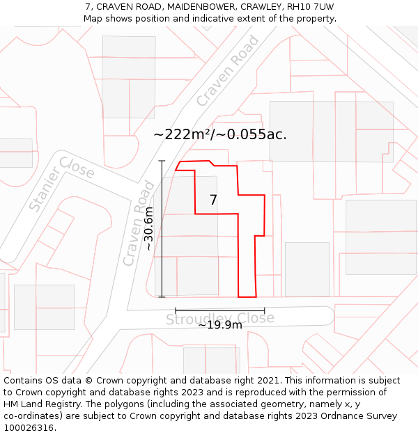 7, CRAVEN ROAD, MAIDENBOWER, CRAWLEY, RH10 7UW: Plot and title map