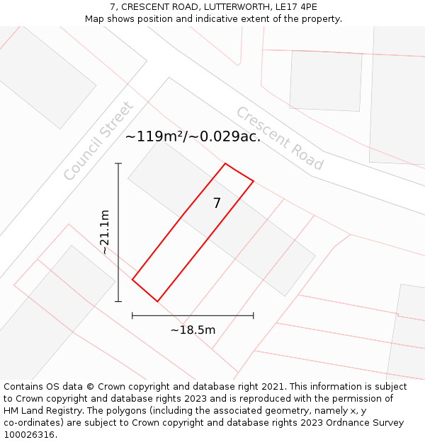 7, CRESCENT ROAD, LUTTERWORTH, LE17 4PE: Plot and title map