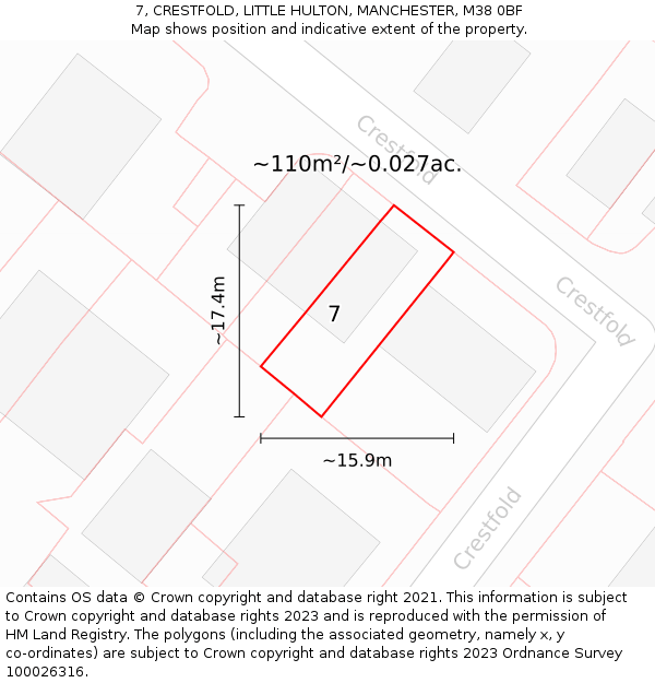 7, CRESTFOLD, LITTLE HULTON, MANCHESTER, M38 0BF: Plot and title map