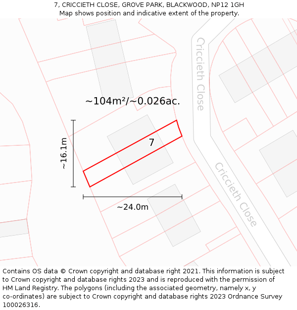 7, CRICCIETH CLOSE, GROVE PARK, BLACKWOOD, NP12 1GH: Plot and title map