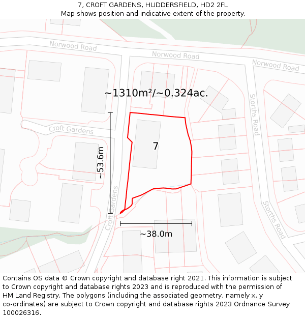 7, CROFT GARDENS, HUDDERSFIELD, HD2 2FL: Plot and title map