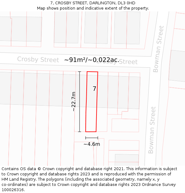 7, CROSBY STREET, DARLINGTON, DL3 0HD: Plot and title map