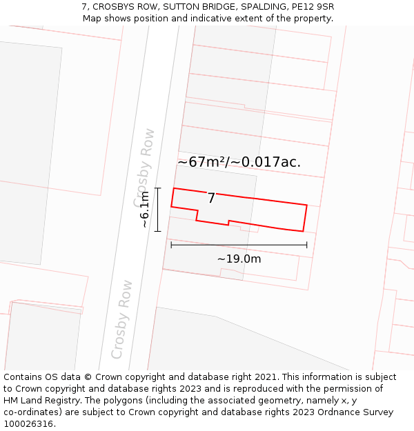 7, CROSBYS ROW, SUTTON BRIDGE, SPALDING, PE12 9SR: Plot and title map