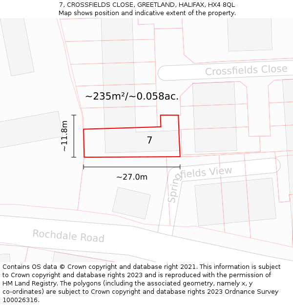 7, CROSSFIELDS CLOSE, GREETLAND, HALIFAX, HX4 8QL: Plot and title map