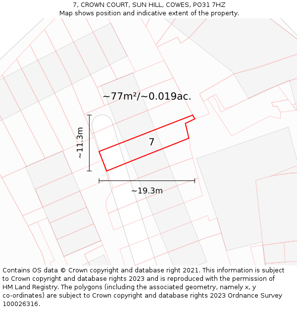 7, CROWN COURT, SUN HILL, COWES, PO31 7HZ: Plot and title map