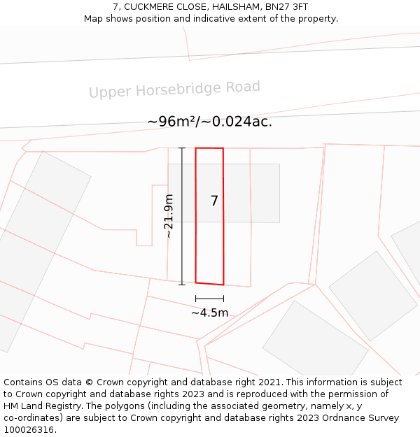 7, CUCKMERE CLOSE, HAILSHAM, BN27 3FT: Plot and title map