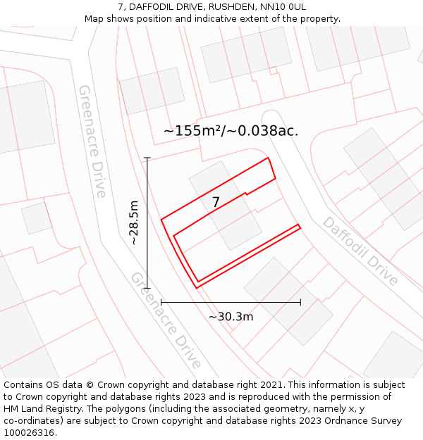 7, DAFFODIL DRIVE, RUSHDEN, NN10 0UL: Plot and title map