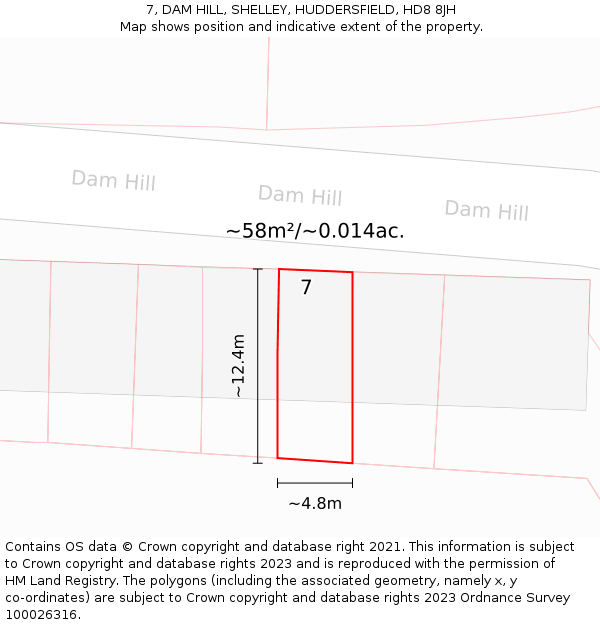 7, DAM HILL, SHELLEY, HUDDERSFIELD, HD8 8JH: Plot and title map
