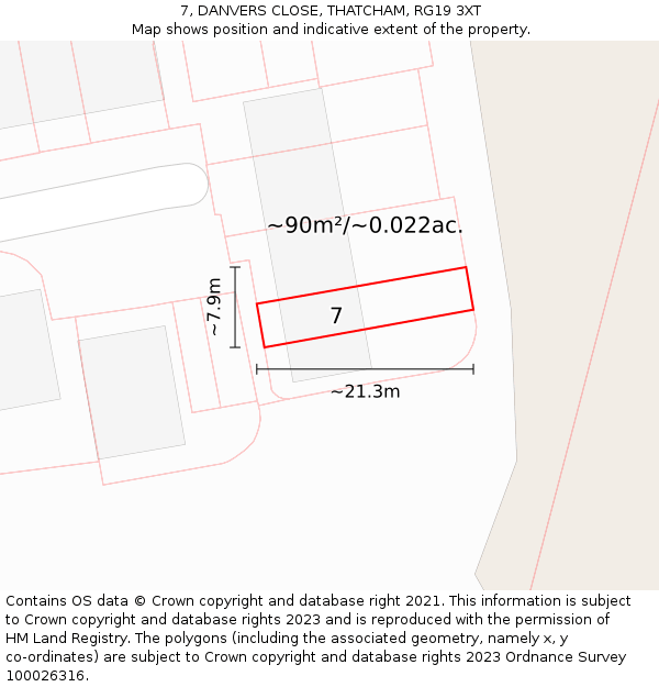 7, DANVERS CLOSE, THATCHAM, RG19 3XT: Plot and title map