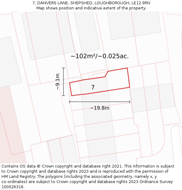 7, DANVERS LANE, SHEPSHED, LOUGHBOROUGH, LE12 9RN: Plot and title map