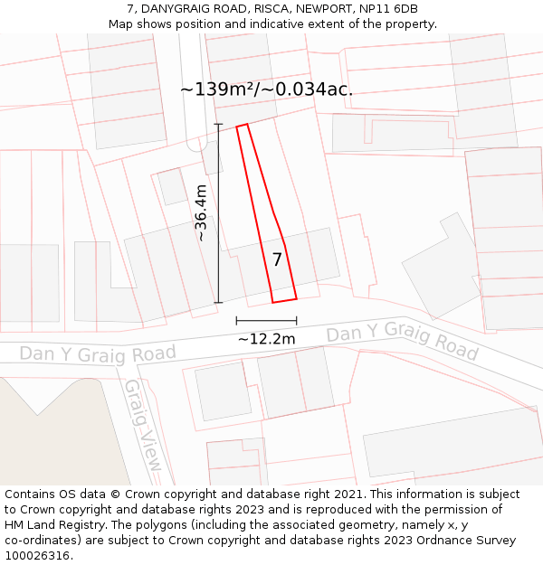 7, DANYGRAIG ROAD, RISCA, NEWPORT, NP11 6DB: Plot and title map