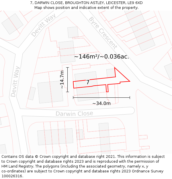 7, DARWIN CLOSE, BROUGHTON ASTLEY, LEICESTER, LE9 6XD: Plot and title map