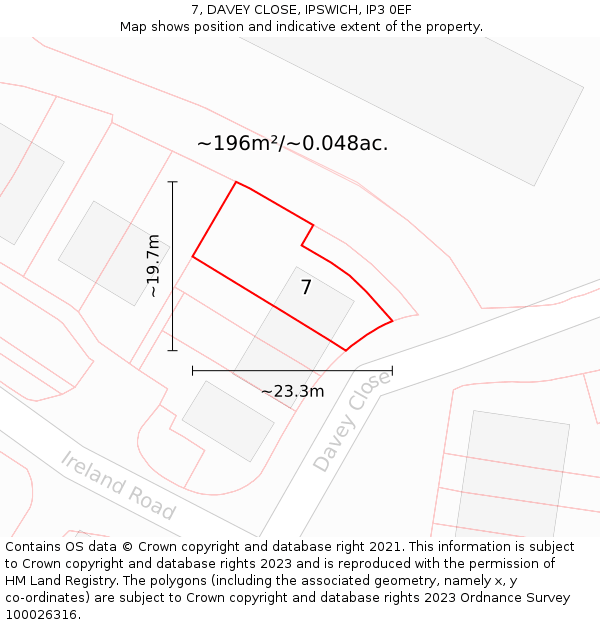 7, DAVEY CLOSE, IPSWICH, IP3 0EF: Plot and title map