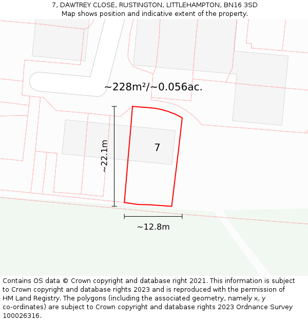 7, DAWTREY CLOSE, RUSTINGTON, LITTLEHAMPTON, BN16 3SD: Plot and title map