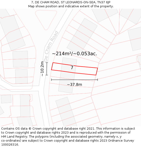 7, DE CHAM ROAD, ST LEONARDS-ON-SEA, TN37 6JP: Plot and title map