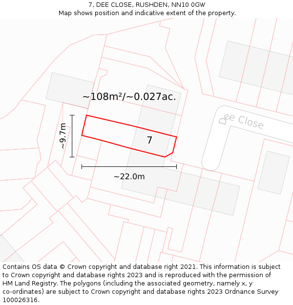 7, DEE CLOSE, RUSHDEN, NN10 0GW: Plot and title map
